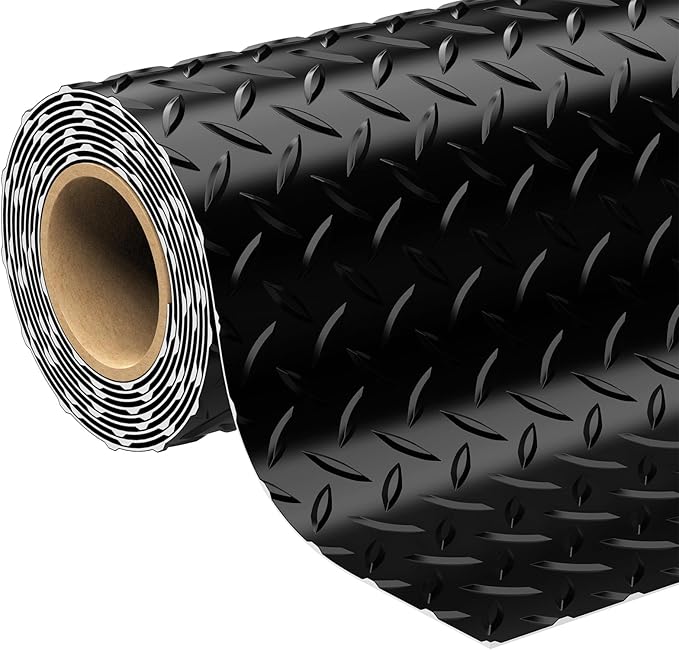 4x10 FT Diamond Plate Garage Floor Mat, Heavy Duty PVC Flooring Roll, 2.8mm Mat for Under Car, Motorcycle, Golf Cart, Trailer, Waterproof Non-Slip Floor Protector for Garage, Basement, Black