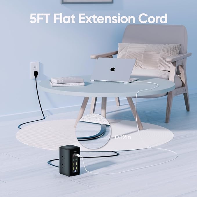 TenTrend Power Strip Tower, 350W Total Fast Charging Station for Multiple Devices, 5FT Extension Cord Tower with 6 Outlets 8 USB(4 USB C), 2000J Surge Protector for Home Office, Dorm Essentials