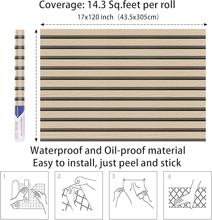 Arthome Wood Slat Wallpaper 17''x120'' Peel and Stick self Adhesive Wood Wallpaper PVC Vinyl Decorative Removable Wallpaper Waterproof Faux Wood Grating Stripe Contact Paper for Living Room (Oak)
