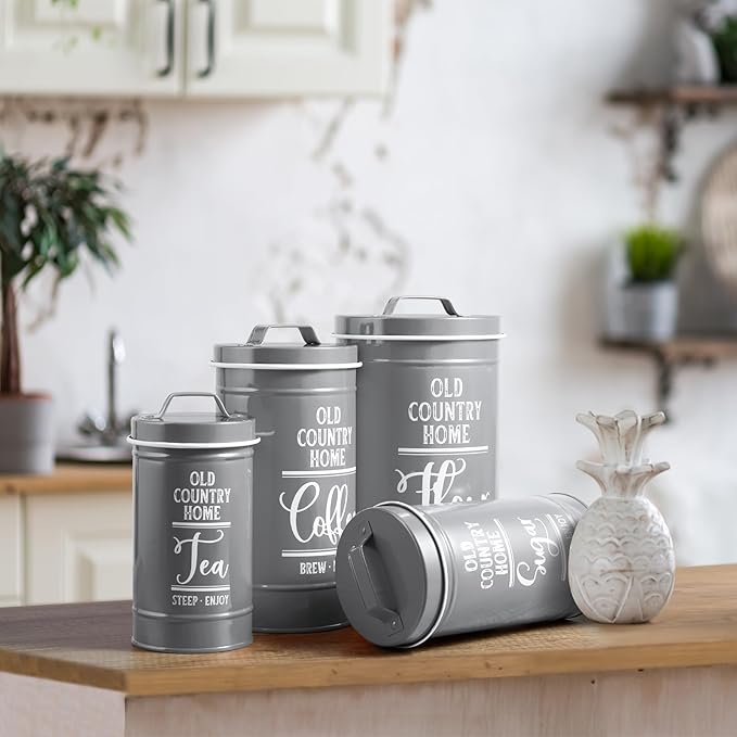 DAYYET Gray Canisters Sets for the Kitchen, Airtight Kitchen Canisters for Countertop, Flour and Sugar Containers, Tea Coffee Sugar Canister Set, Gray Kitchen Decor and Accessories, Set of 4