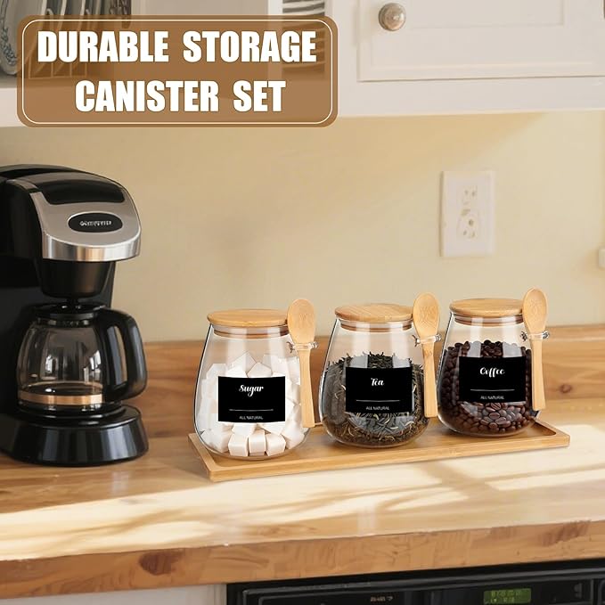 Suclain 3 Pcs Glass Coffee Container with Wooden Lid Spoon Tray Shelf Labels Clear Airtight Glass Jar Storage Container Set for Coffee Beans Tea Leaves Grains Dried Fruits Sugar Spice(38oz)