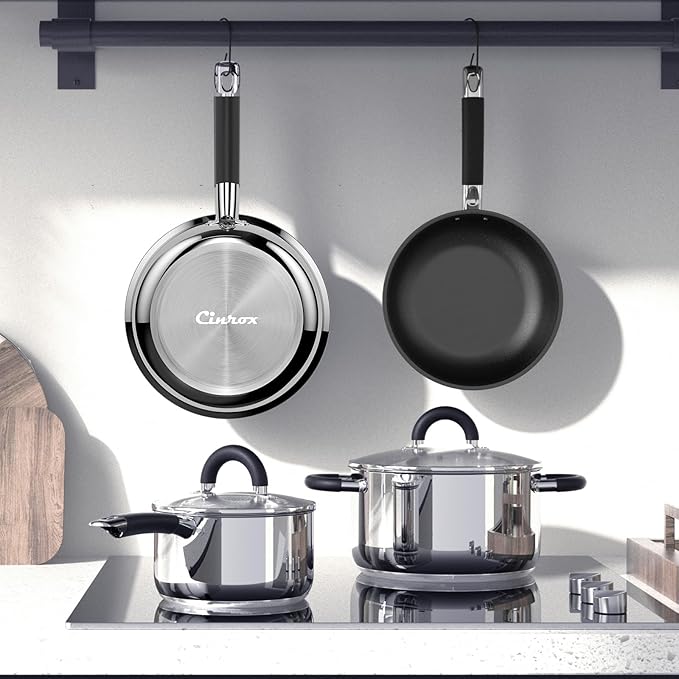 Pots and Pans Set Non Stick, Stainless Steel 5 Ply Base Cookware Set, Frying Pans, Quickly Heat Up Fix All Stove Induction Cookwares, Dishwasher Safe, Warminghouse Gift