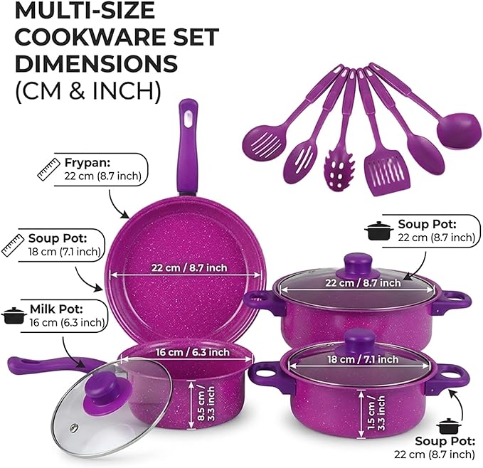 Nonstick Cookware Set, 13-piece Nonstick Cookware Set, Non Stick Pots and Pans with Frying Pan, Saucepans, Milk Pot & Utensils for Home Cooking, Purple