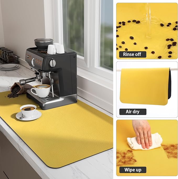 Ecotrim Absorbent Coffee Mat , Stain Hiding PU Leather Surface, Non-Slip Natural Rubber Backing, Quick Dry Mat for Espresso Machine, Kitchen Counter ,Yellow | 12" x 19"