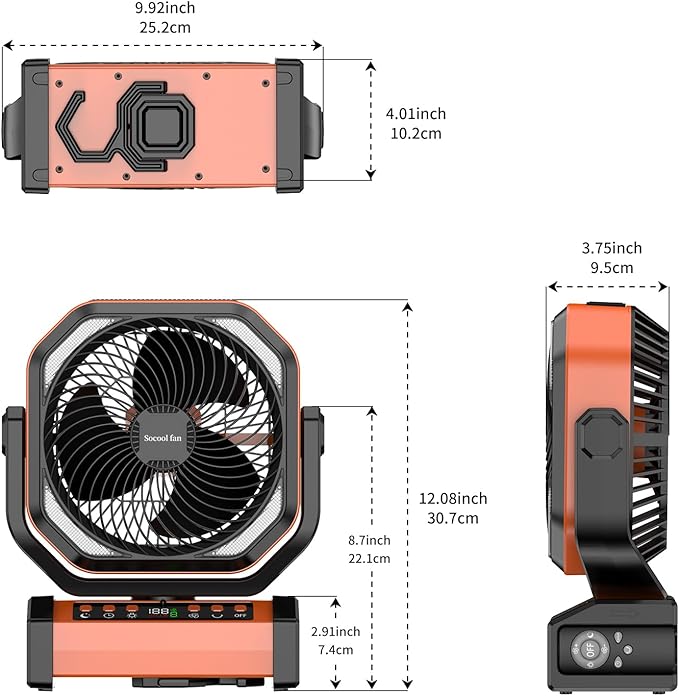 Socool Camping Fan with Light - 20000mAh Rechargeable Battery Fan, 112Hrs Max Run Time, 9 Speeds, Digital Display, Timer, Auto Oscillation, 270° Pivot & Hook for Camping, Power Outage, Hurricane