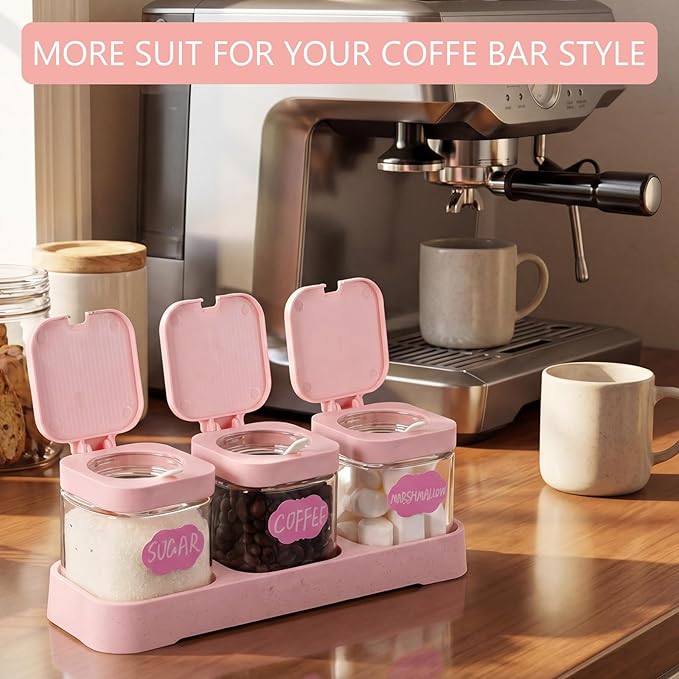 Suclain 3 Pcs Glass Coffee Containers Coffee Station Organizer Set, Airtight Bean Storage Jars with Shelf,labels,spoon, Base and Pen,for Sugar, Candy, Oats, Nuts (Pink)