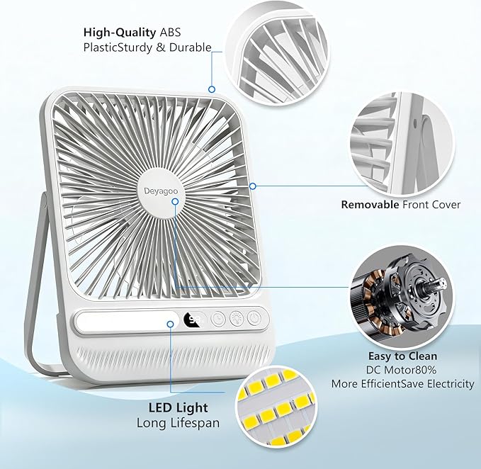 Deyagoo Travel Fan,7-Inch Portable Fan, Rechargeable Fan, 28H 10000mAh Ultra-Thin Quiet USB Desk Fan with Timer & LED Display for Bedroom, Office, Camping