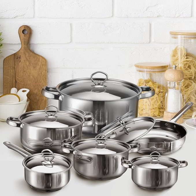 Hunnycook Stainless Steel Cookware Set - 15 Pieces Pots and Pans Set, Includes 6 Pots and Pans, 6 Lids and 3 Utensils, Fixed Handles, Induction Safe and Dishwasher Safe