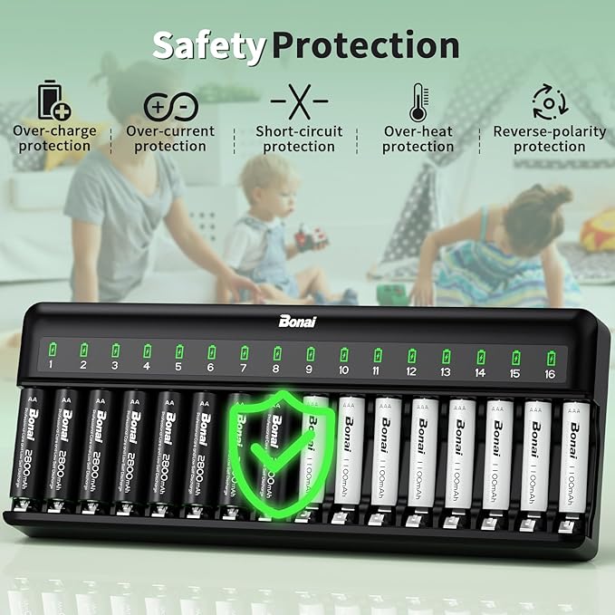 Bonai Rechargeable AA and AAA Batteries with Charger, 8 x 2800mAh AA & 8 x 1100mAh AAA & 16 Bay Advanced Individual Fast Battery Charge with American AC Plug