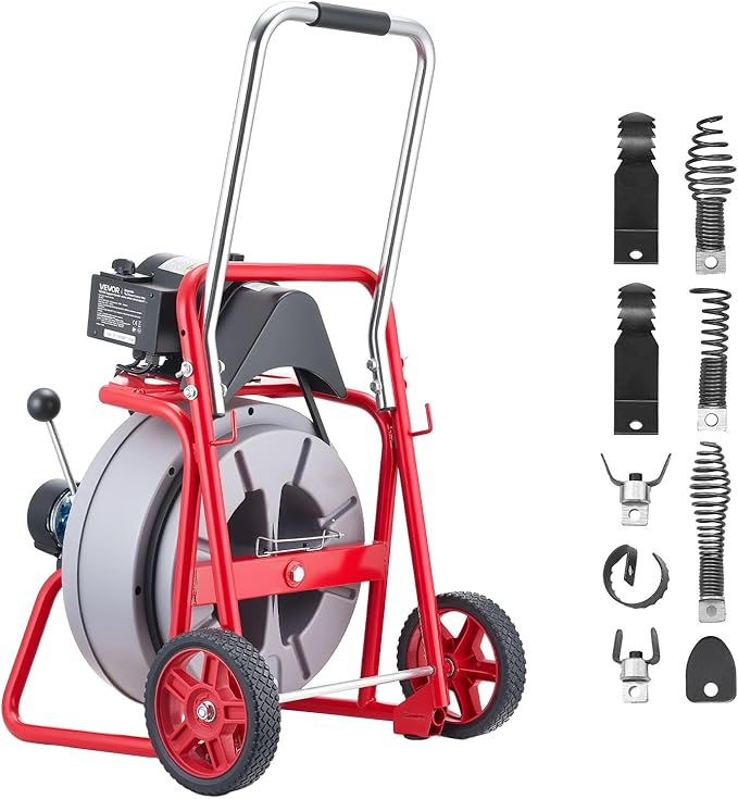 VEVOR Drain Cleaner Machine 75 FT x 1/2 Inch, Auto Feed Sewer Snake Drain Auger on Wheels, Portable Drain Cleaning Machine with 8 Cutters & Air-Activated Foot Switch for 2" to 6" Pipes