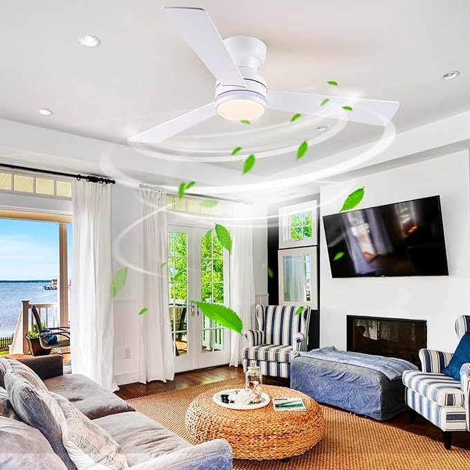 Asyko 46" White RGB Ceiling Fans with Lights and Remote,Low Profile Ceiling Fans with Quiet Reversible DC Motor,Modern Flush Mount Ceiling Fan Light for Bedroom Kids Room