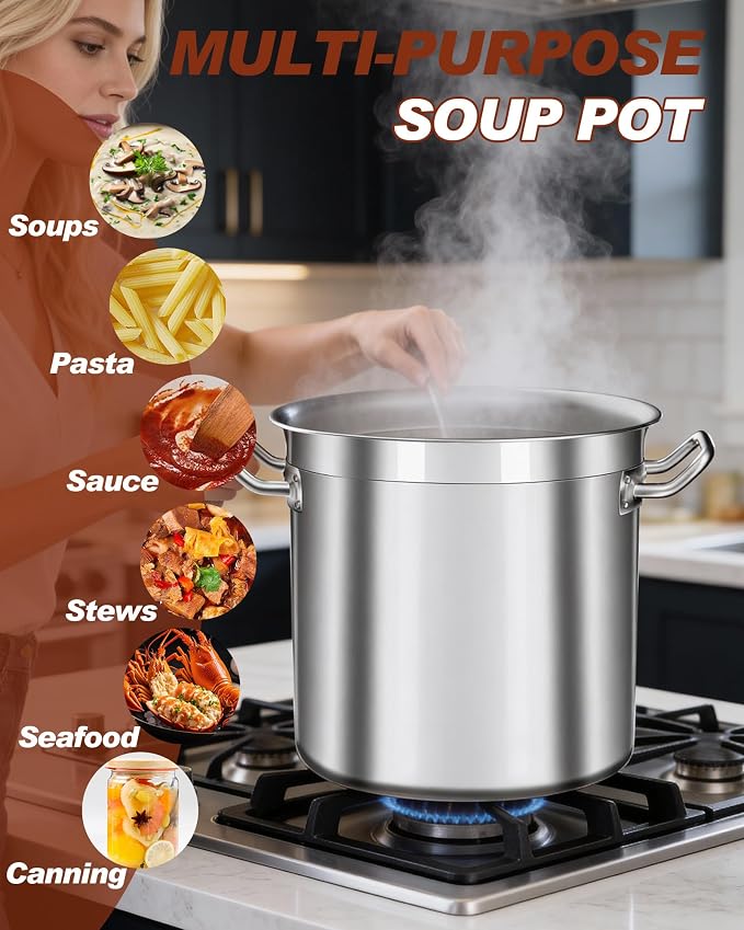 24 Quart Stainless Steel Stock Pot with Lid – Heavy Duty Cooking Pot for Soup, Stew, Pasta – Induction Compatible, Dishwasher Safe – Ideal for Home & Commercial Use