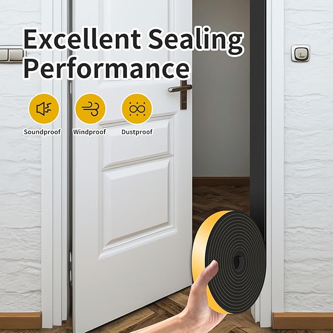 Weather Stripping Door Seal,Weather Stripping,Soundproof,Cold Insulation,High Density CR Foam Insulation Tape for Door, Front Door Frame, Windows,Sliding Door (Black, 1 in x 1/4 in x 66Ft)
