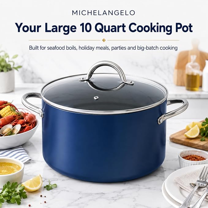 MICHELANGELO 10 Qt Ceramic Nonstick Stock Pot with Lid, Induction Ready | Ceramic nonstick coating | Stainless steel construction | Stay-cool handles | Ideal for chili, seafood boils and batch meals