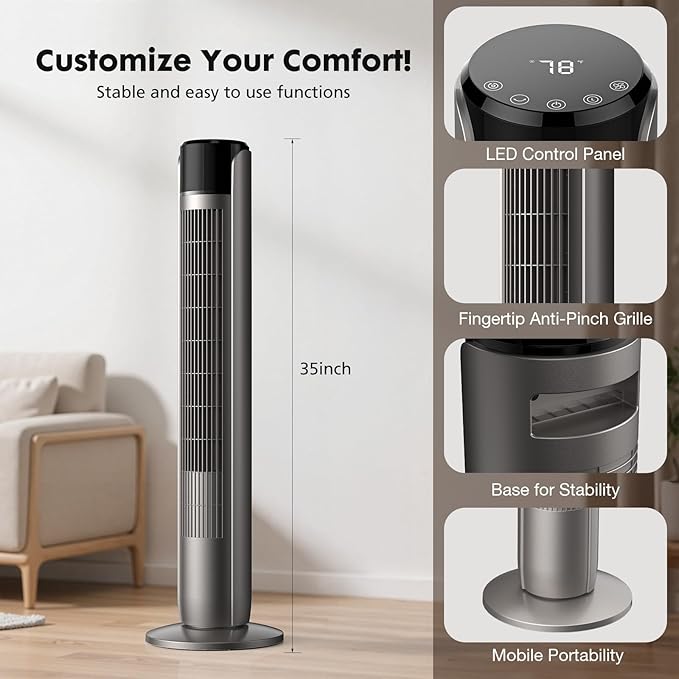 OLIXIS Tower Fan for Bedroom, 60°Oscillating Fan with Remote, 25ft Far, 28dB Quiet Electric Standing Fan, 12 H Timer, 5 Speeds, 4 Modes, Bladeless Floor fan for Home, Office, Indoor, 36 Inch