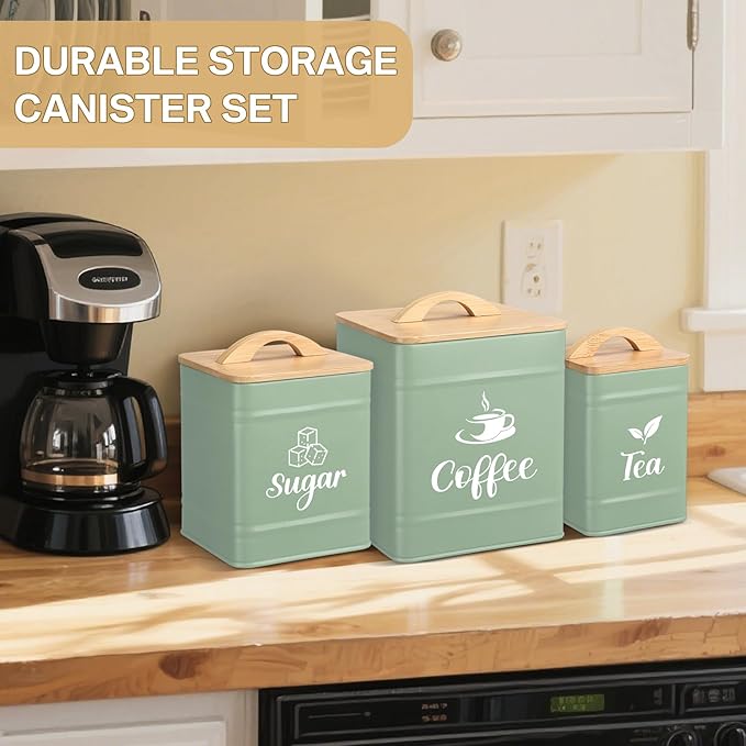 Maxdot 3 Set Coffee Sugar Tea Containers, Square Airtight Kitchen Canisters Storage Ground Organization with Bamboo Lids Rustic Metal Jars for Coffee Bar Beans, Tea Leaves, Food, Countertop(Turquoise)