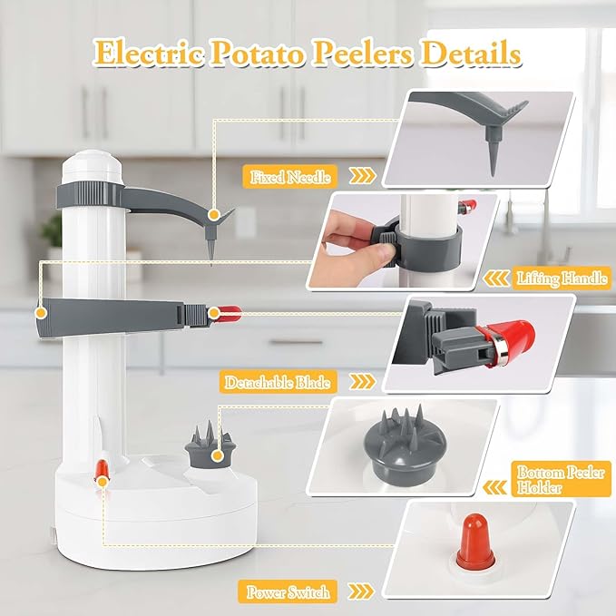 ele ELEOPTION Electric Potato Peeler Multifunction Electric Fruit Apple Peeler Potato Peeling Machine Automatic Rotating, Kitchen Peeling Tool White