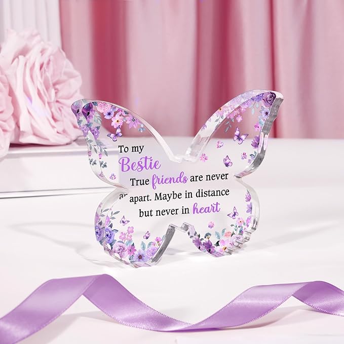 Best Friend Gift for Women, Unique Purple Butterfly Acrylic Plaque Desk Decor, Bestie Best Friend Birthday Gifts for Women Friendship for Bff Bestfriend, 5 x 3.8 x 0.5 inches