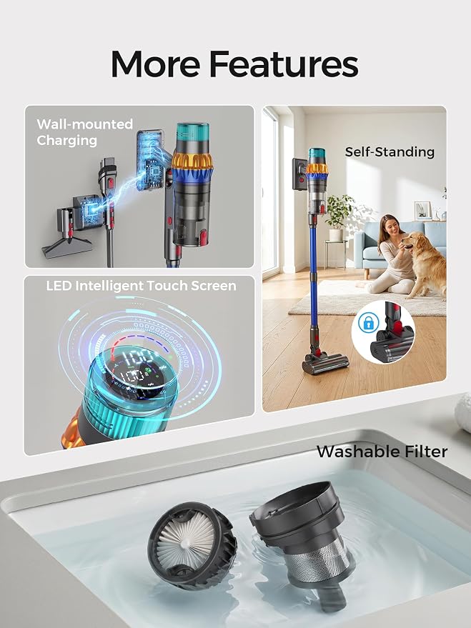 Smart Cordless Vacuum Cleaner, 650W 60KPa 75Min Vacuum Cleaner for Home | 8-in-1 Stick Handheld Vacuum for Pet Hair, Hard Floor, Carpet, Intelligent Auto Mode, Lightweight, Anti-Tangle, Self-Standing