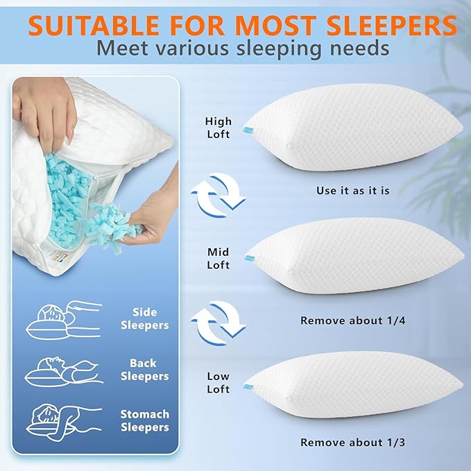 UYWO Cooling Memory Foam Pillows Firm and Soft, Standard Size 1 Pack, Original Adjustable Pillows for Side, Back or Stomach Sleepers with Removable Washable Cover