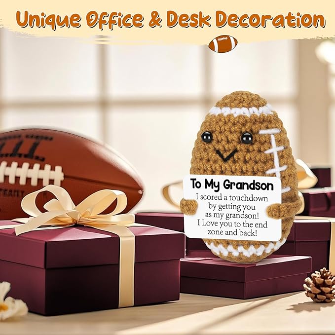 BiuNiuring Mini Funny Grandson Gifts from Grandma Grandpa, Handmade Crochet Mini Football Grandson Birthday Gifts from Grandparents, Grandson Present for Father's Day Cute Desk Decor