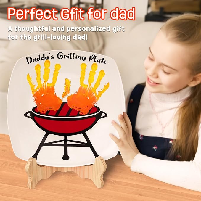 ORIENTAL CHERRY Father's Day Gifts - DIY Daddy's Grilling Plate with Handprint - Personalized Step Dad Gifts from Wife Kids - Funny BBQ Crafts Birthday Present Ideas for First Papa from Daughter Son