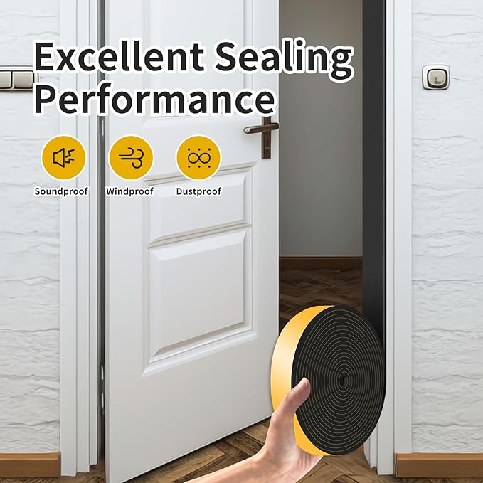 Weather Stripping Door Seal,Weather Stripping,Soundproof,Cold Insulation,High Density CR Foam Insulation Tape for Door, Front Door Frame, Windows,Sliding Door (Black, 1 in x 1/8 in x 32 Ft)