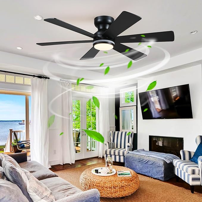 Asyko 46" Black RGB Ceiling Fans with Lights and Remote,Low Profile Ceiling Fans with Quiet Reversible DC Motor,Small Modern Flush Mount Ceiling Fan Light for Bedroom Kids Room