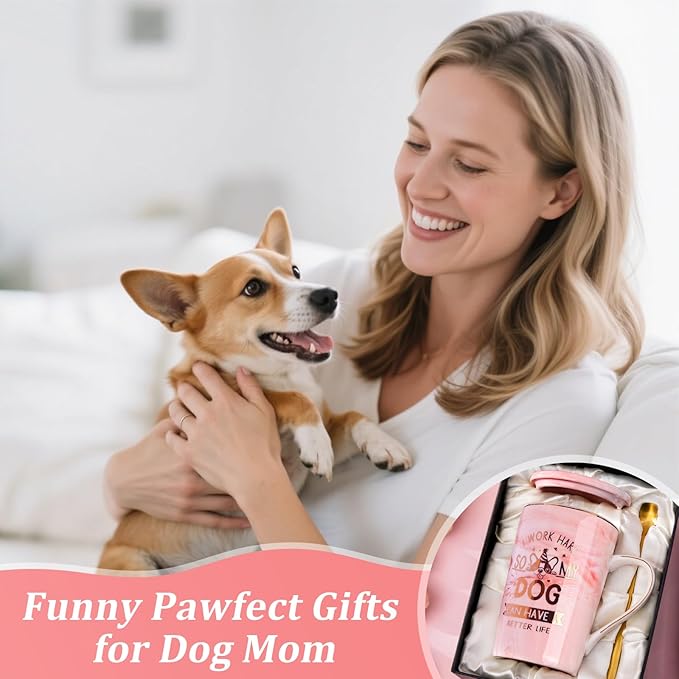Dog Mom Gifts for Women - Unique Dog Lover Gift Presents for Birthday, Christmas, Valentine’s, or Mother’s Day - 14oz Pink Marble Ceramic Mug for Dog-Loving Friend, with Greeting Card, Nice Gift Boxed