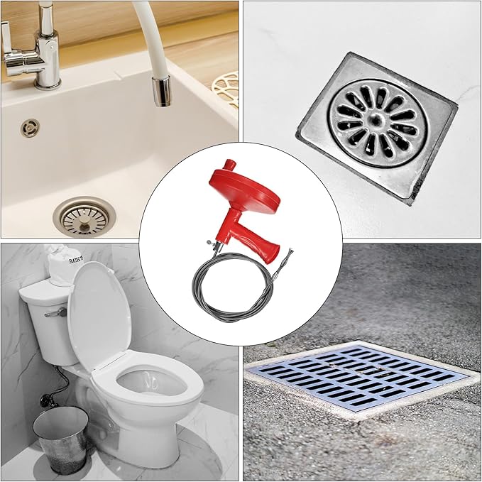 HARFINGTON Drain Augers 33 Ft Stainless Steel Flexible Plumbing Auger Hair Drain Cleaner Tool Toilet Auger Clog Remover Tool for Kitchen Bathroom Shower Sink Toilet Bathtub, Red