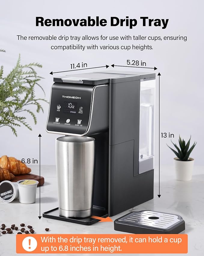 K Cup Coffee Maker With Bold Setting, Single Serve Hot & Iced Coffee Maker for K-Cup and Grounds, 52 Oz Removable Water Tank, 6 to 14oz Brew Size, Pod Coffee Machine With Reusable Filter, Gray