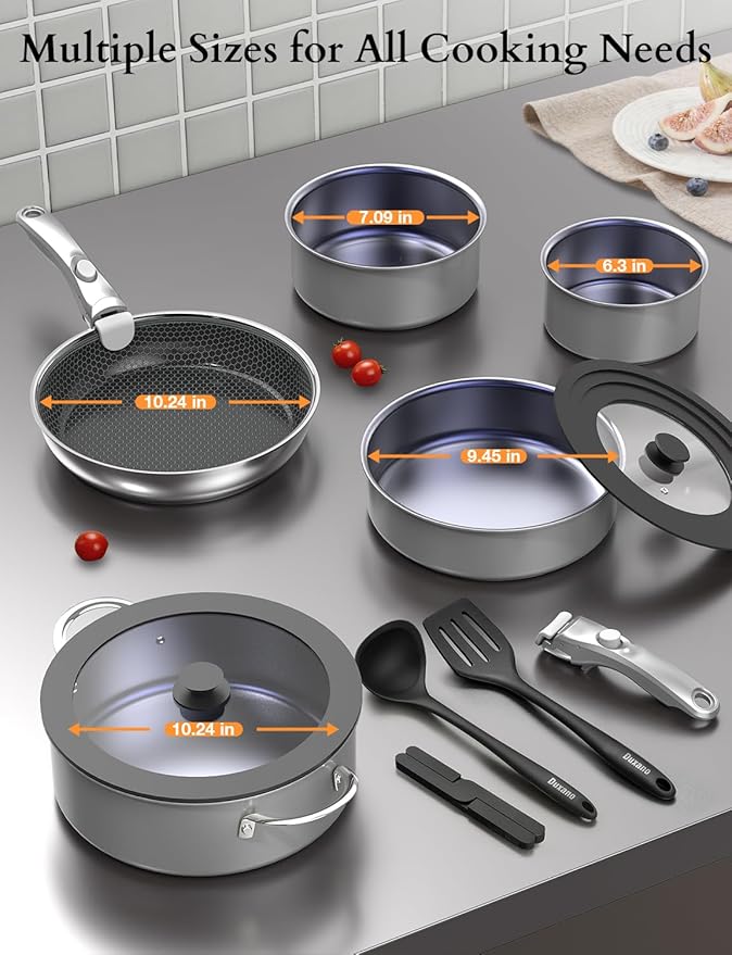 DUXANO Ceramic Pots and Pans Set Non Stick, 2026 Upgraded Hybrid Frypan, 1.5&2 QT Saucepans with Lid, Oil-less Cooking, PFAS Free Non Toxic, Induction Ready,Oven&Dishwasher Safe,Removable Handle,12PC