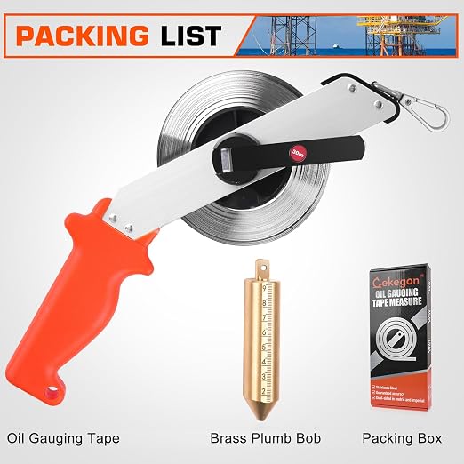 Cekegon Oil Gauging Tape, Stainless Steel Sounding Tape Measure, Oil Tank Gauging Tape with Brass Plumb Bob (33ft-12oz)