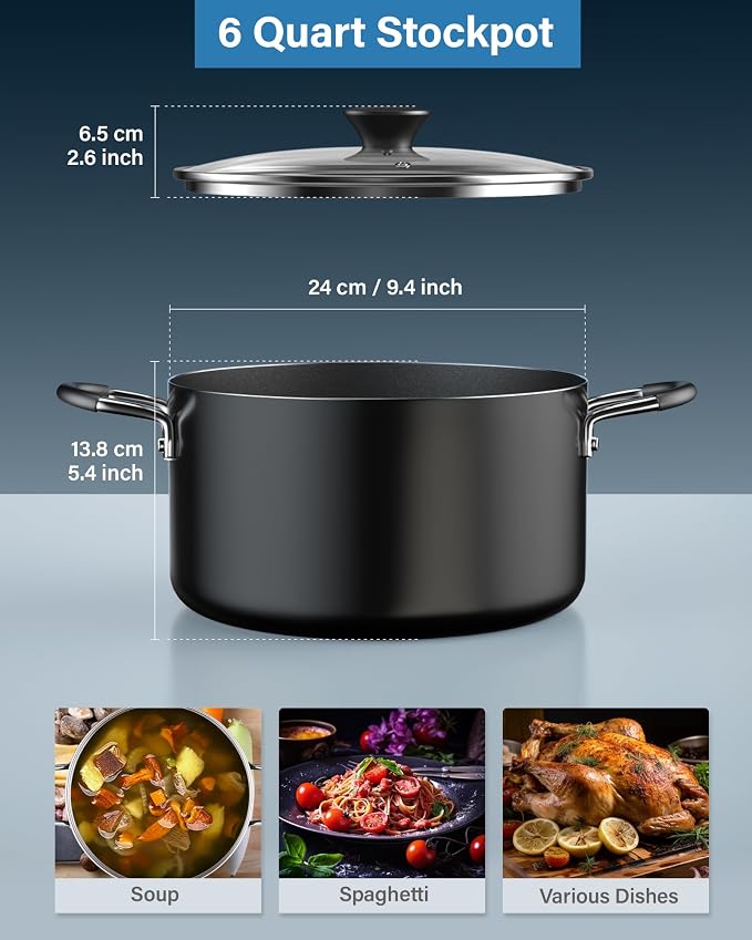 Cook N Home 6 Quart Non Stick Stock Pot with Lid, Large Pots for Cooking | Nonstick Soup Pot, Stockpot Induction Cookware - Oven & Dishwasher Safe, Black