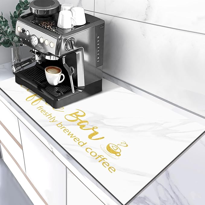 Findosom Dish Drying Mat, 17"x 32" Super Absorbent & Hide Stain Coffee Mat, Cuttable Drying Mat for Kitchen Counter, Coffee Bar Accessories, Under Dish Rack, Coffee Maker, Espresso Machine, White
