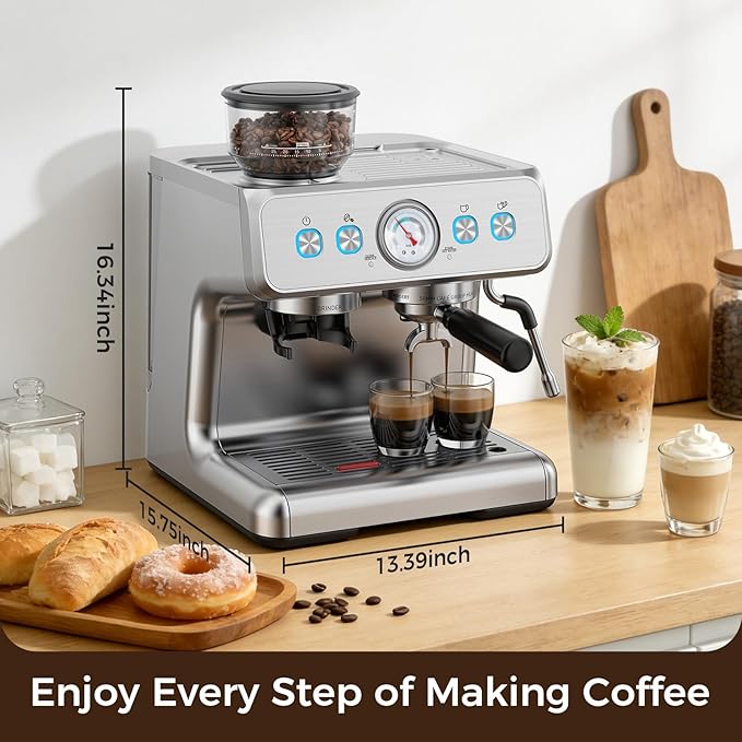 Espresso Machine with Grinder, 20 Bar Expresso Coffee Machines, Professional Coffee Maker for Latte & Cappuccino with Milk Frother, Expresso Machines for Home, Removable Water Tank, Steam Wand-Silver