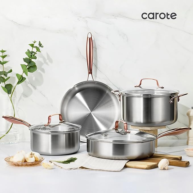 CAROTE 7-Piece Tri-Ply Stainless Steel Frying Pan Set, Skillet Set 8"/10"/12", Induction Compatible, Oven & Dishwasher Safe, Gold Handle