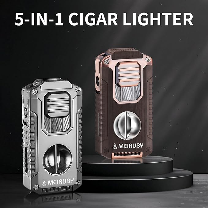MEIRUBY 5-in-1 Butane Torch Lighter, Refillable Jet Flame Cigar Lighter with V-Cutter, Punch, Holder and Draw Tool, Multi-Functional Cigar Accessories Gift for Men, Dad, Husband, Friend & Cigar Lover