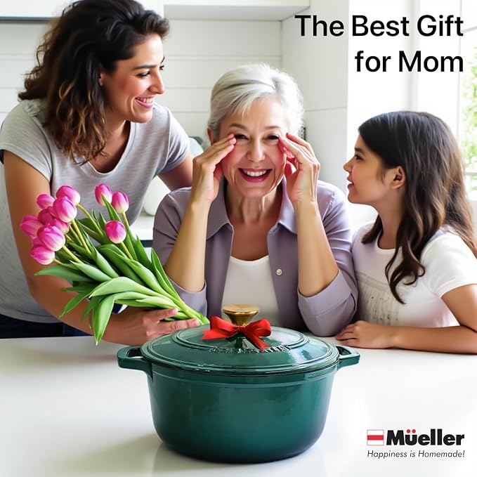 MUELLER HOME 7.5 QT Enameled Cast Iron Dutch Oven, Heavy-Duty Casserole Dish and Braiser Pan with Lid and Stainless Knob, Oven-Safe up to 500° F & Across All Cooktops, Emerald | Heavy-Duty Casserole Dish and Braiser Pan, Lid with Stainless Knob, Oven-S...