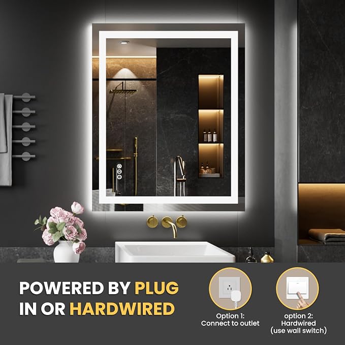 LOAAO 20"X28" LED Bathroom Mirror with Lights, Anti-Fog, Dimmable, Backlit + Front Lit, Lighted Bathroom Vanity Mirror for Wall, Memory Function, Tempered Glass, ETL Listed