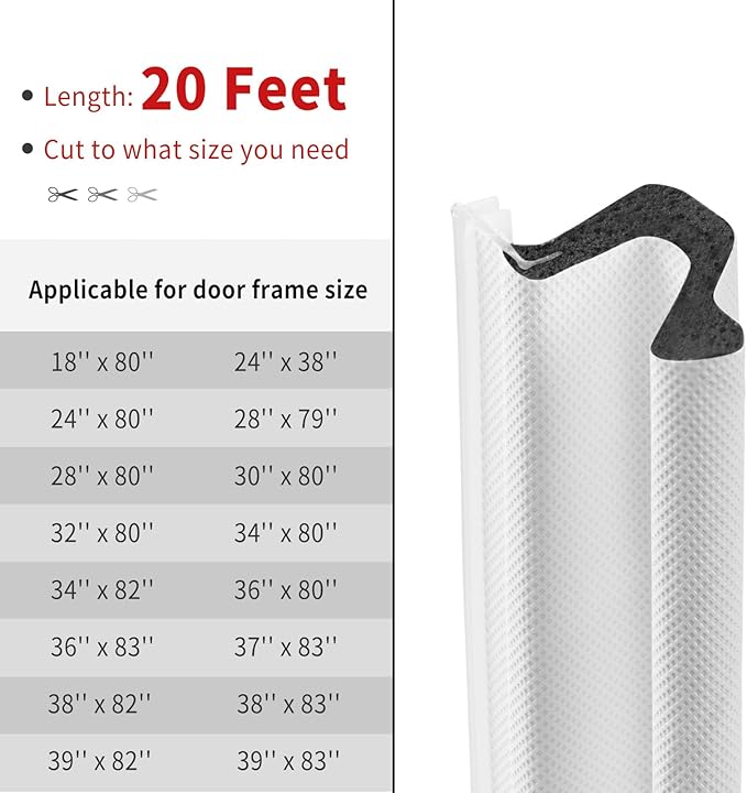 20 Feet Kerf Door Weather Stripping Door Seal, Long Reach V-Shaped Door Seal Strip for Door Frame Door Weatherstripping Insulation Strip Door Soundproofing for Large Gap(White)