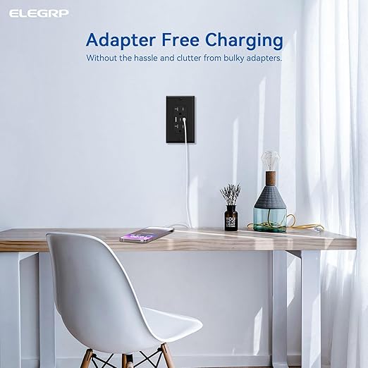 ELEGRP USB Outlets, 20 Amp Wall Outlet with 3 USB Ports, Dual USB C Ports Outlets, TR Tamper-Resistant USB Outlets Receptacles, Wall Plate Included, UL/CUL Listed, 6 Pack, Black