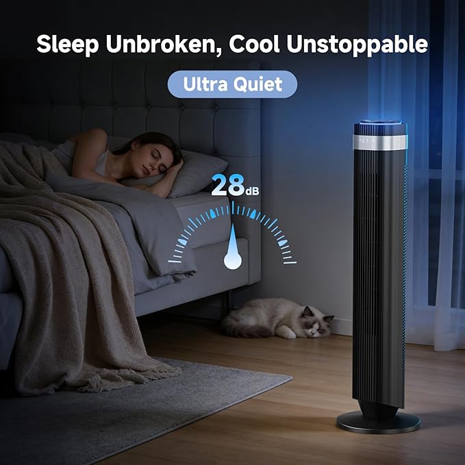 OLIXIS Tower Fan for Bedroom, Floor Standing Fan with Remote, 12H Timer, 5 Speeds, 4 Modes, LED Display, Portable Bladeless Oscillating Cooling Fan for Indoor, Home, Office