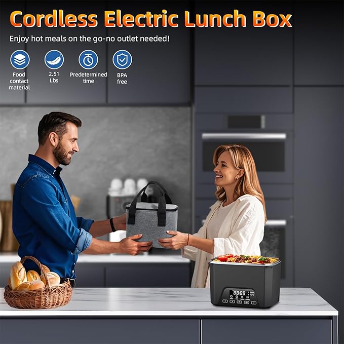 Cordless Electric Lunch Box, 1.2L Self Heating Lunch Box Battery Powered with Automatic Heating, BPA Free, Meal Prep Friendly, Portable Food Warmer for Work, Construction, Truck & Travel (Black)