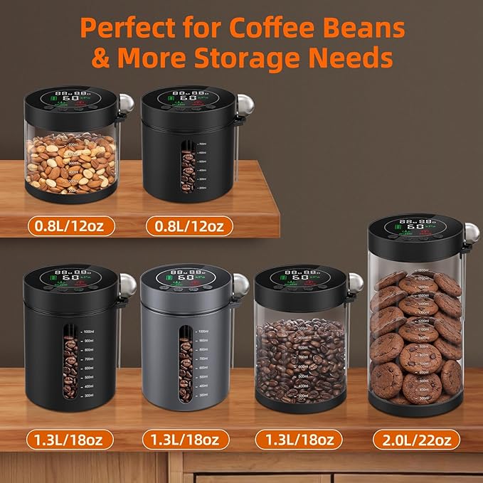 Automatic Vacuum Coffee Canister, 0.8L Airtight Food Storage Containers with Smart Pressure Sensor, Electric Coffee Bean Container Rechargeable with LED Display Window for Home Kitchen Food Storage