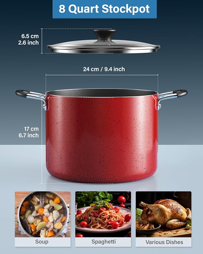Cook N Home 8 Quart Non Stick Stock Pot with Lid, Large Pots for Cooking | Nonstick Soup Pot, Stockpot Induction Cookware - Oven & Dishwasher Safe, Marble Red