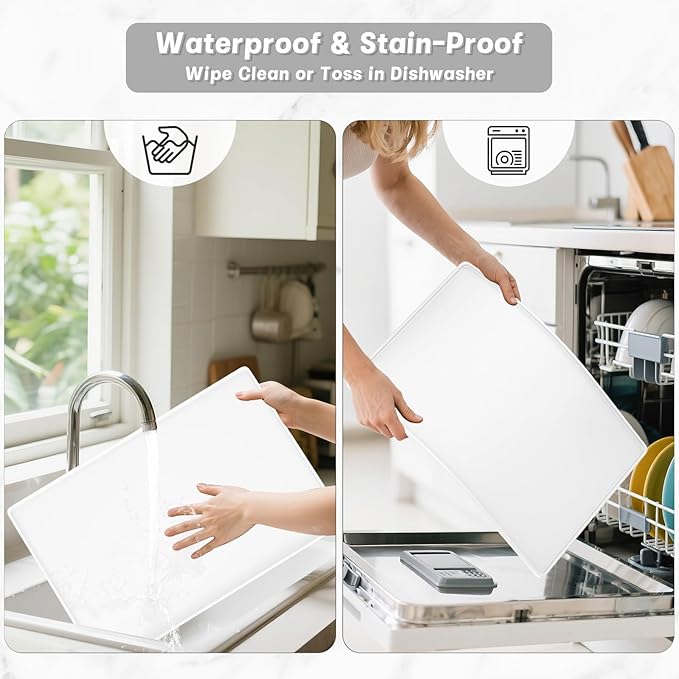 Rnivvi Silicone Coffee Mat, 12" x 19" Waterproof Raised Edge Coffee Bar Mats for Espresso Machine Station Accessories, Heat Resistant Dish Drying Pad for Kitchen Counter, Rubber Bar Decor Pad, White