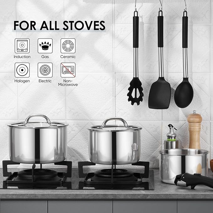 Walchoice 9pcs Stainless Steel Cookware Set, Tri-Ply Sauce Pans Set with Detachable Handle, Induction Pots Cooking Set for RV, Camping, Kitchen, Oven & Dishwasher Safe