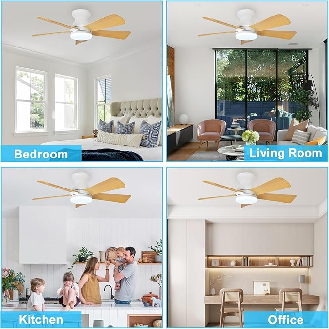 Depuley Modern Ceiling Fan with Light: 35-Inch White Small Fans for Bedroom Indoor Outdoor - Dimmable Low Profile Ceiling Fans with Remote Control Flush Mount 5 Reversible Wood Blades 6 Speeds Timer