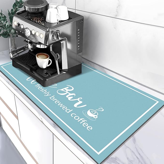 Findosom Dish Drying Mat, 17"x 32" Super Absorbent & Hide Stain Coffee Mat, Cuttable Drying Mat for Kitchen Counter, Coffee Bar Accessories, Under Dish Rack, Coffee Maker, Espresso Machine, Blue